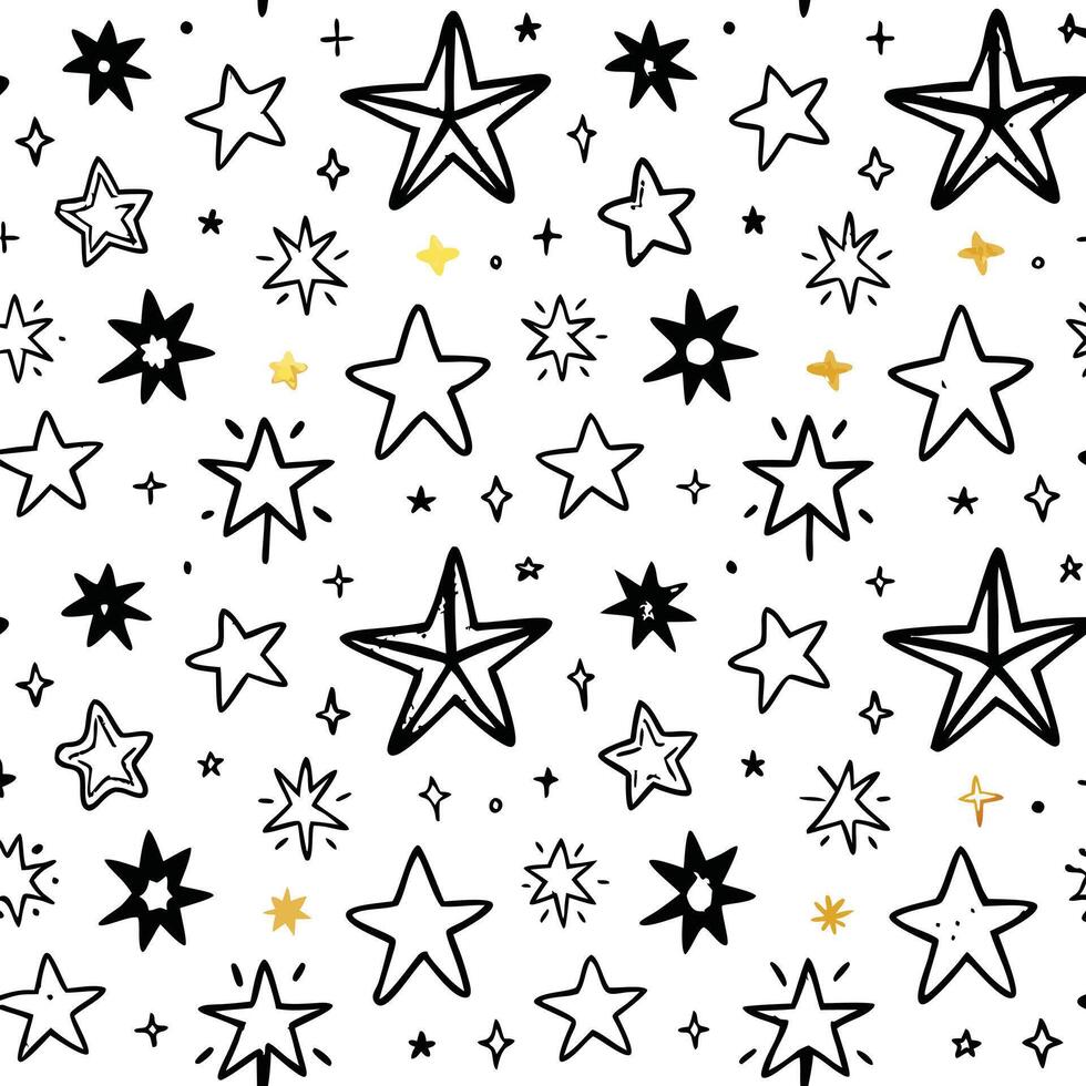 A delightful pattern of hand drawn stars in black and gold on a white background vector