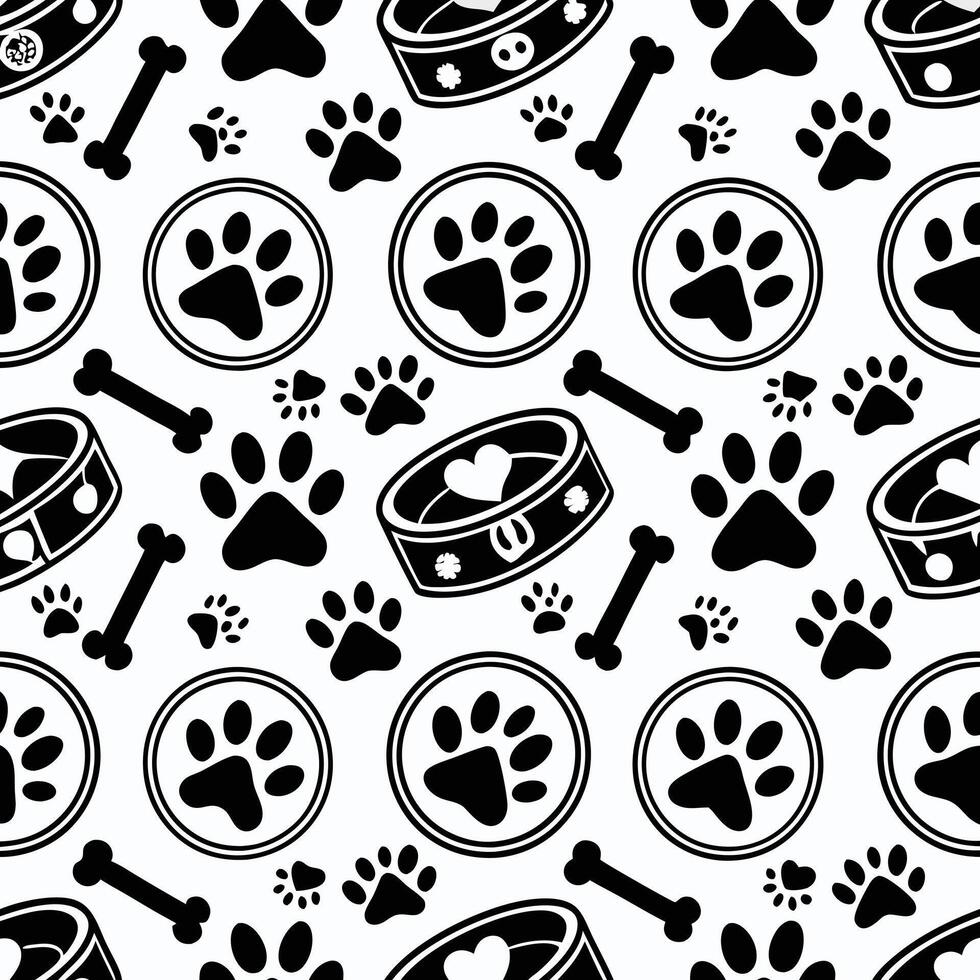 Adorable Dog Paw Prints Bones and Pet Bowls Seamless Pattern Design vector