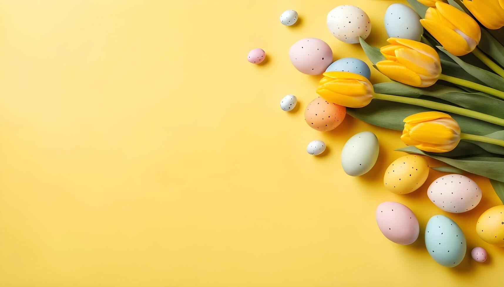 Easter design featuring a yellow backdrop with tulips and colorful eggs photo