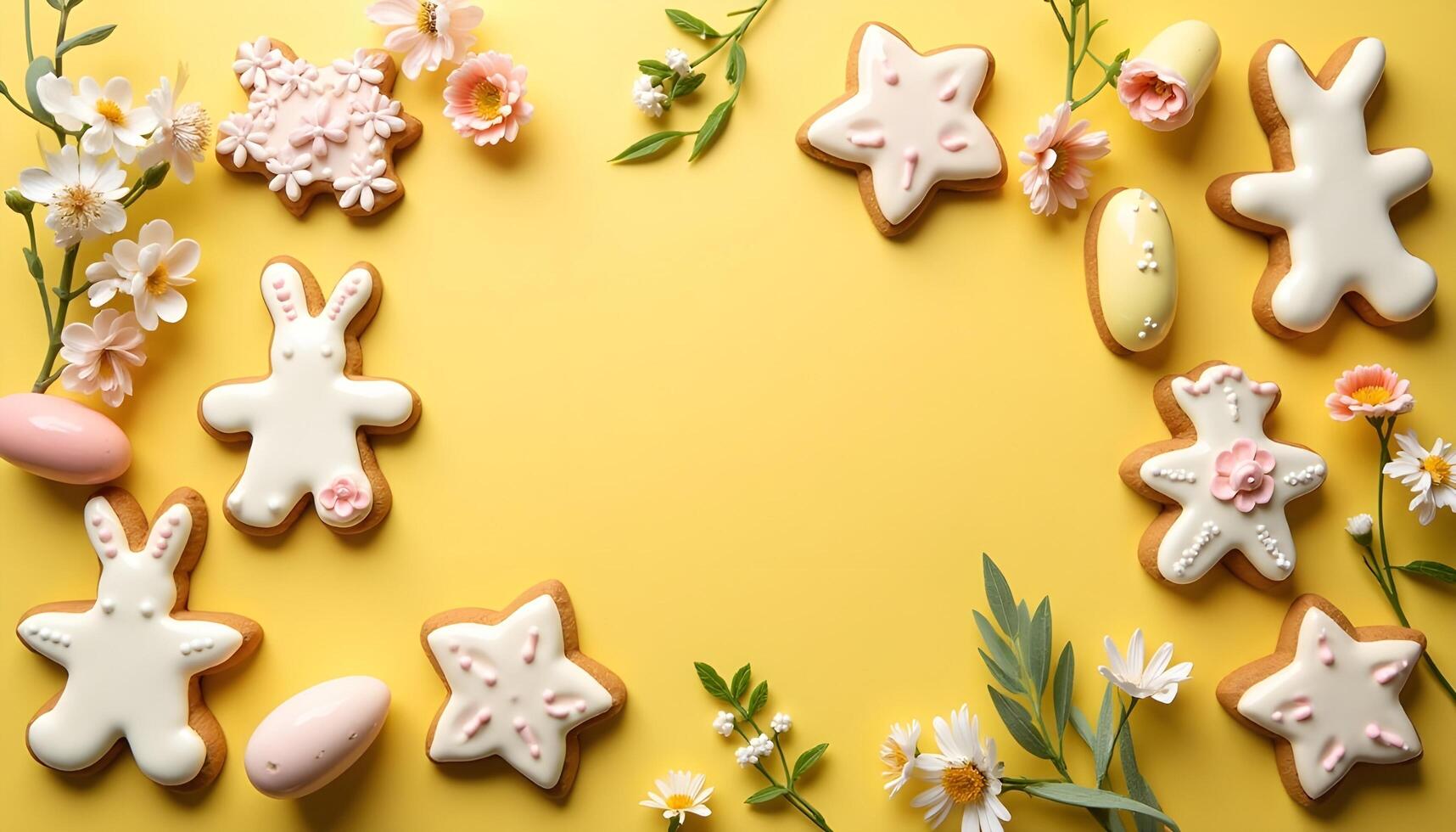 Easter floral background, various gingerbread glazed cookies photo