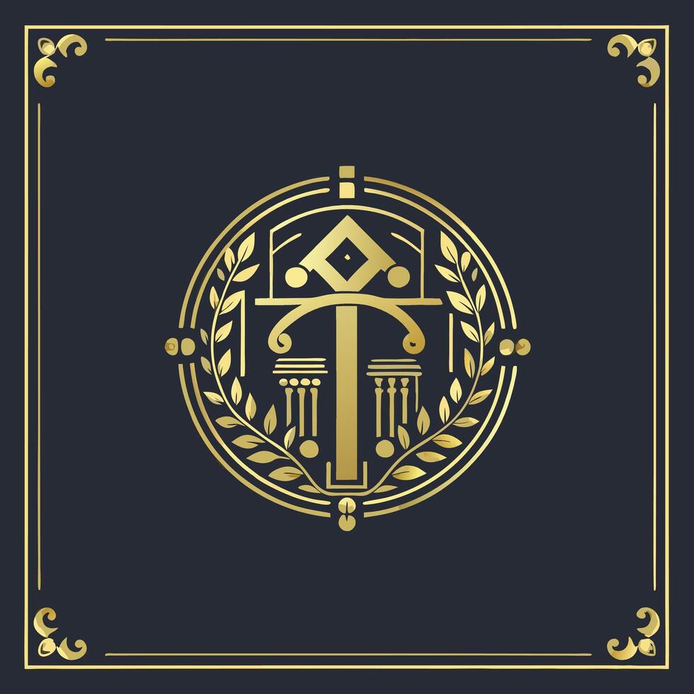 Elegant Golden Emblem with Classic Architectural and Laurel Wreath Motifs vector