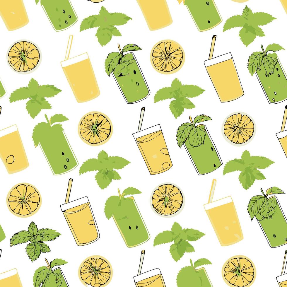 Refreshing Summer Drinks Pattern with Lemon and Mint vector