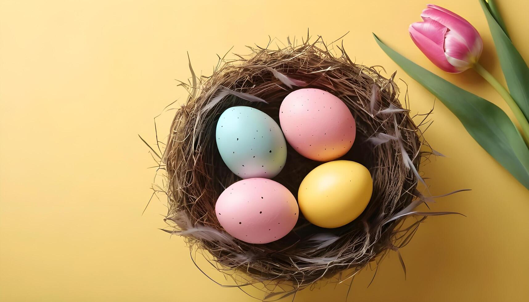 A festive Easter arrangement on a yellow canvas, complete with tulips and colorful eggs photo