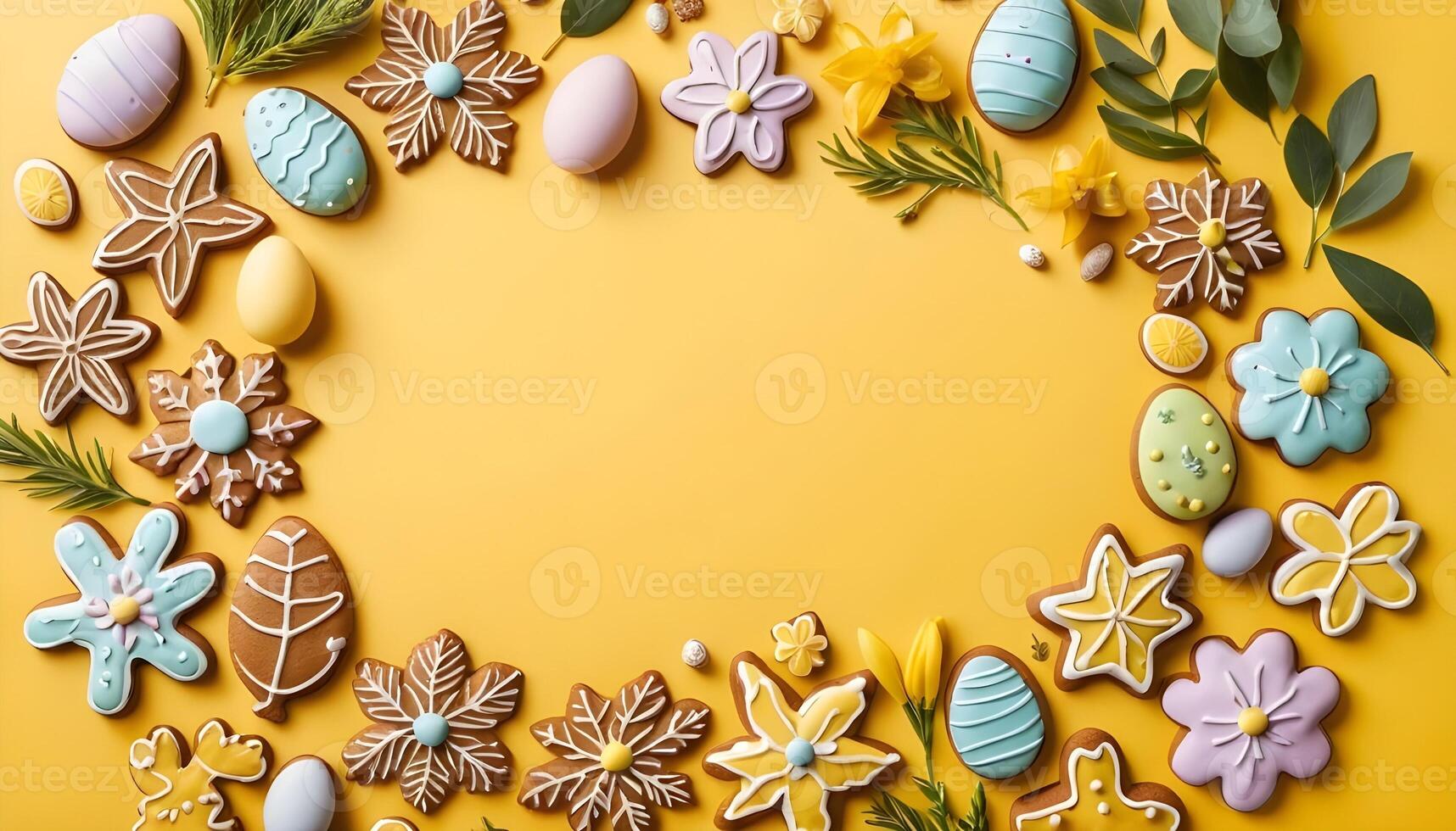 A floral backdrop for Easter featuring an assortment of glazed gingerbread cookies. photo