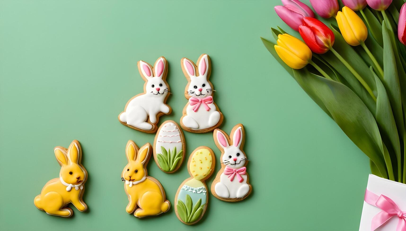 Tulips and Easter bunny cookies greeting card on green background photo