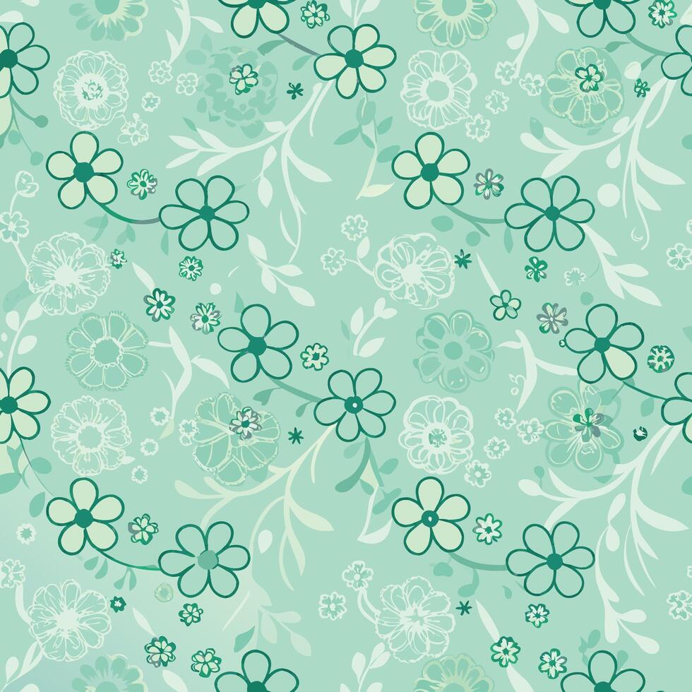 Seamless Pastel Green Floral Pattern with Delicate Flowers and Vines Botanical vector