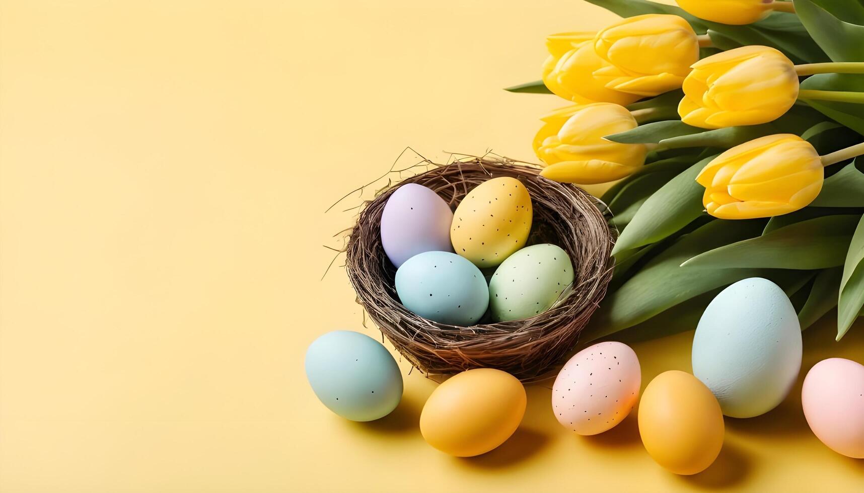 Easter scene set against a yellow background, showcasing tulips and decorated eggs photo