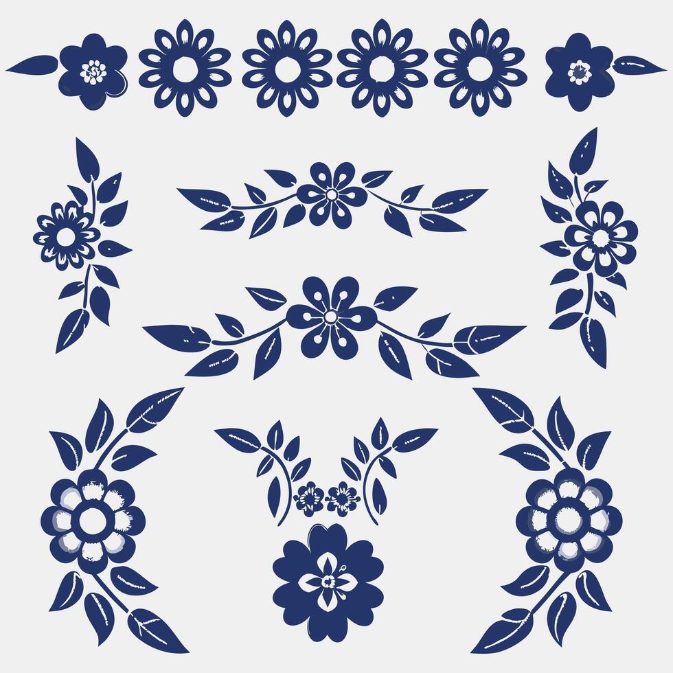 Collection of navy blue floral designs including various flower arrangements and decorative borders vector