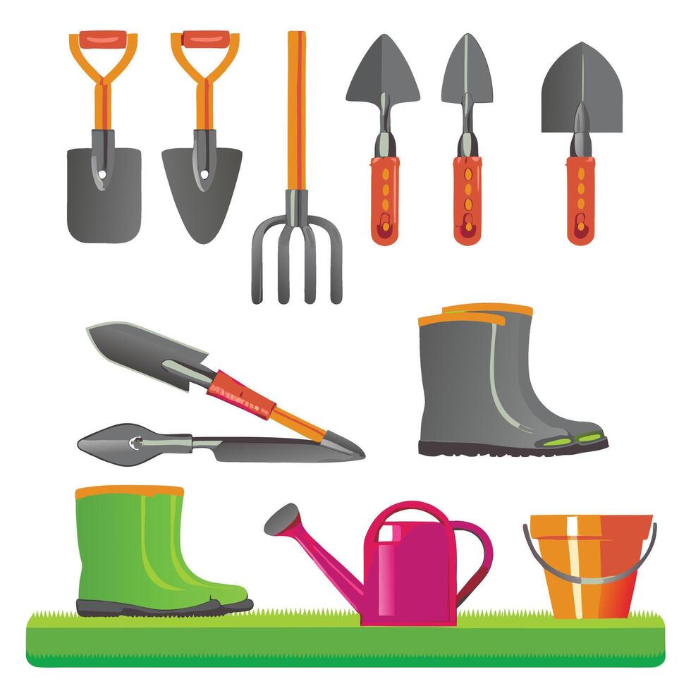 A Collection of Essential Gardening Tools and Equipment for Spring Planting vector
