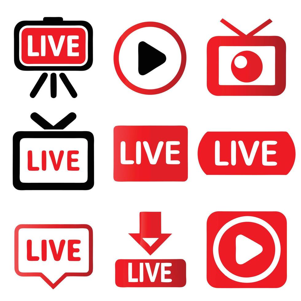 Collection of Red Live Stream Icons and Symbols for Broadcasting and Online vector