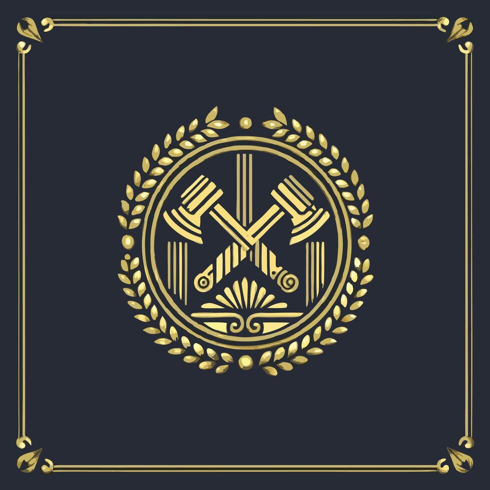 Elegant Golden Emblem with Crossed Hammers and Laurel Wreath Decorative Design vector