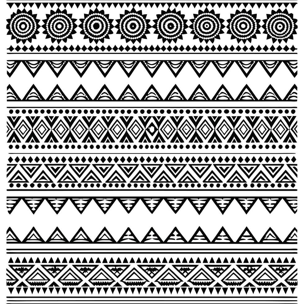 Collection of eight black and white tribal patterns with geometric shapes and symbols vector