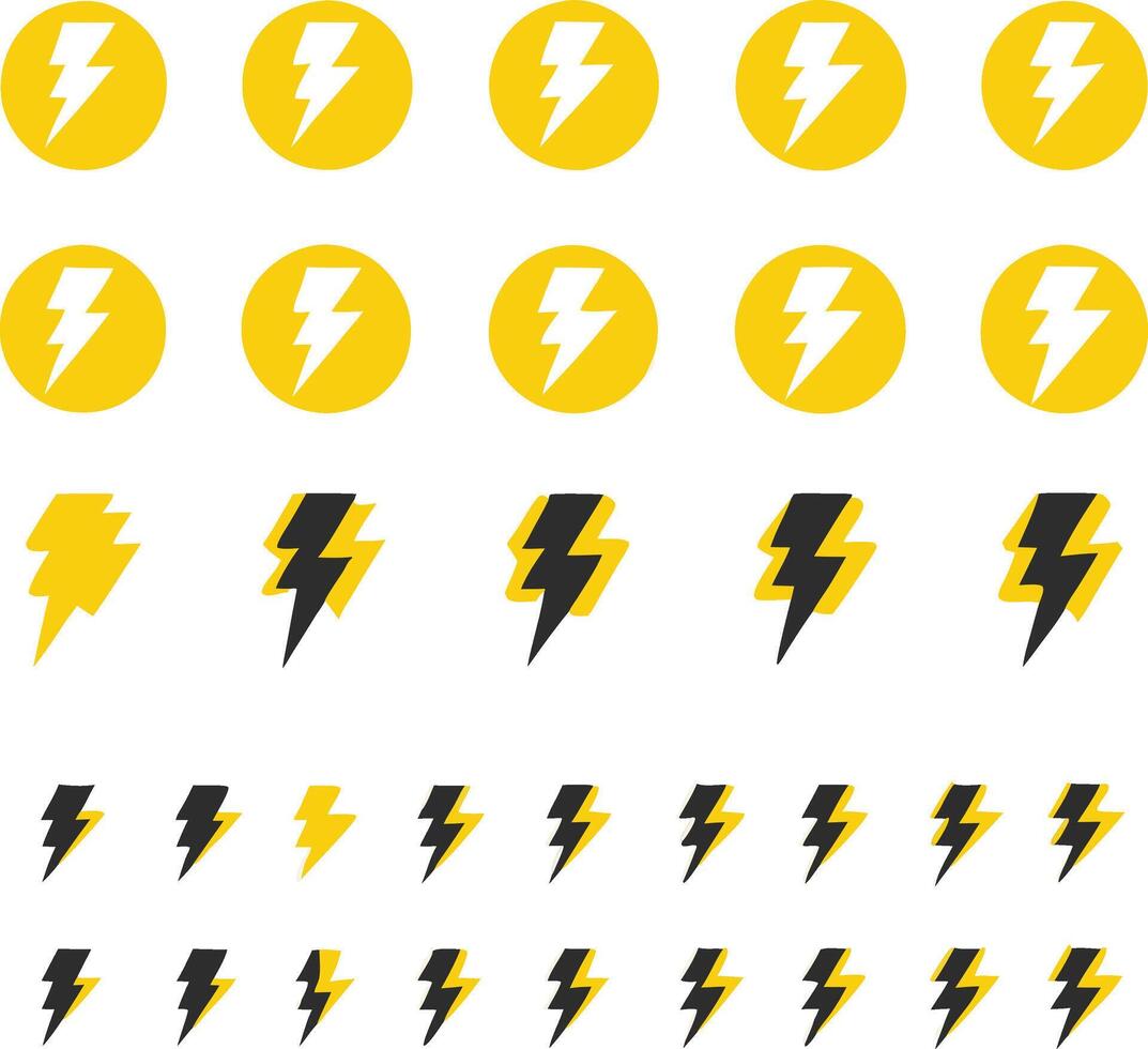Collection of Yellow and Black Lightning Bolt Icons in Circle and Individual Designs vector