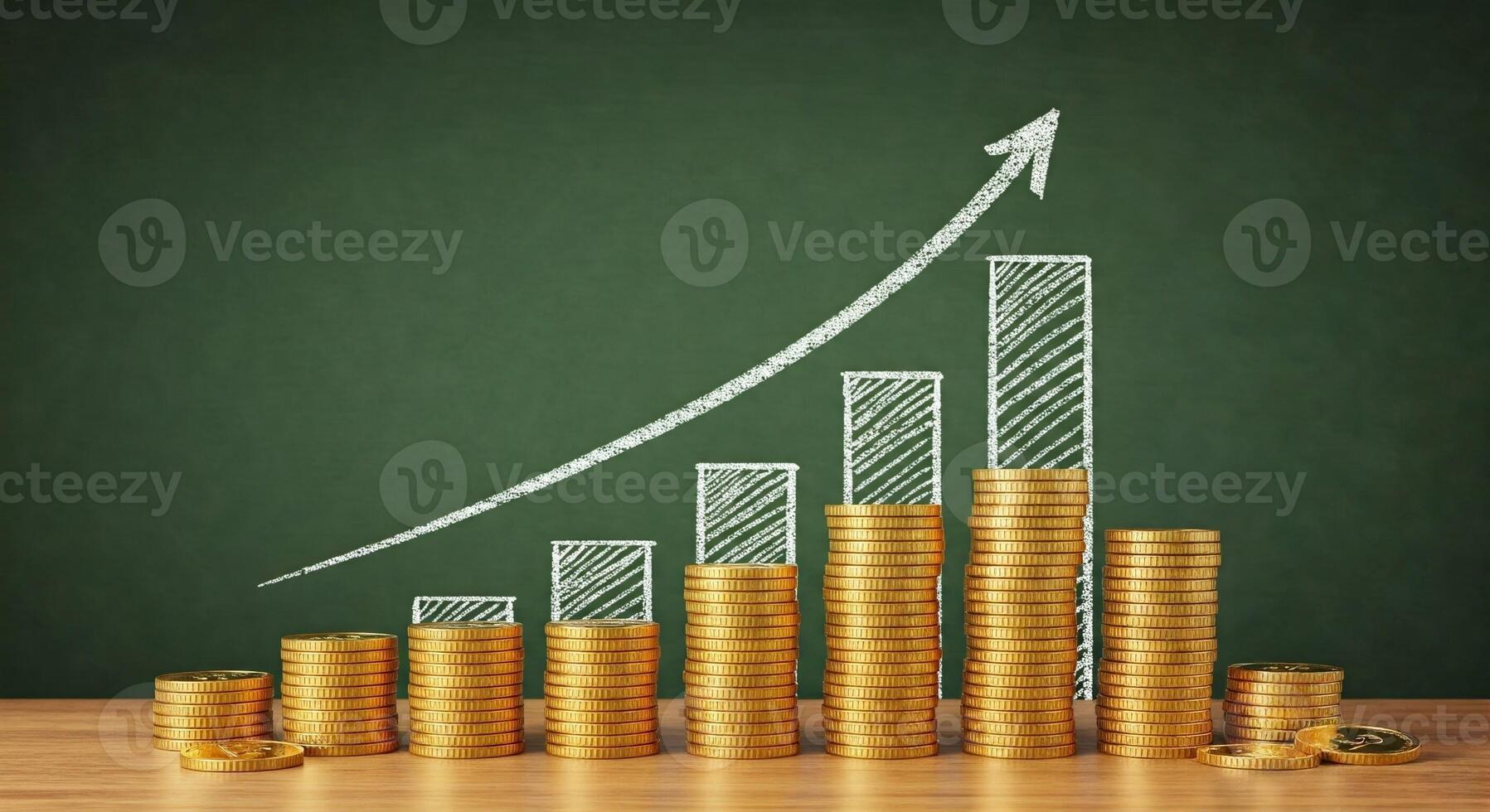 Golden coins stacked on a table with a graph going up photo