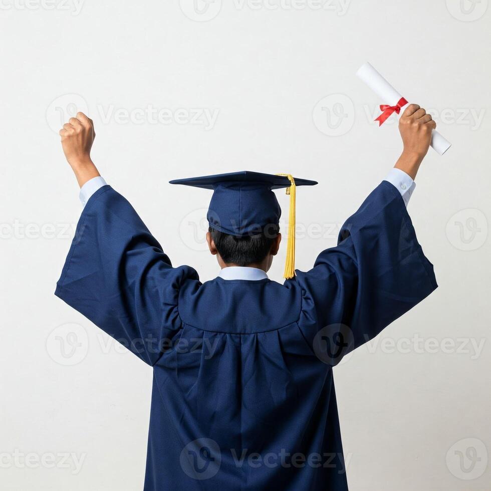Back view of a graduate with arms raised in victory over a white background photo