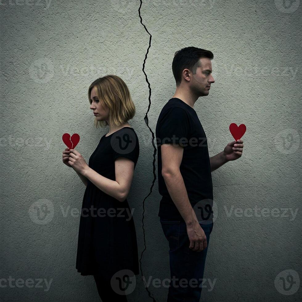 A man and woman standing next to a wall with a heart photo