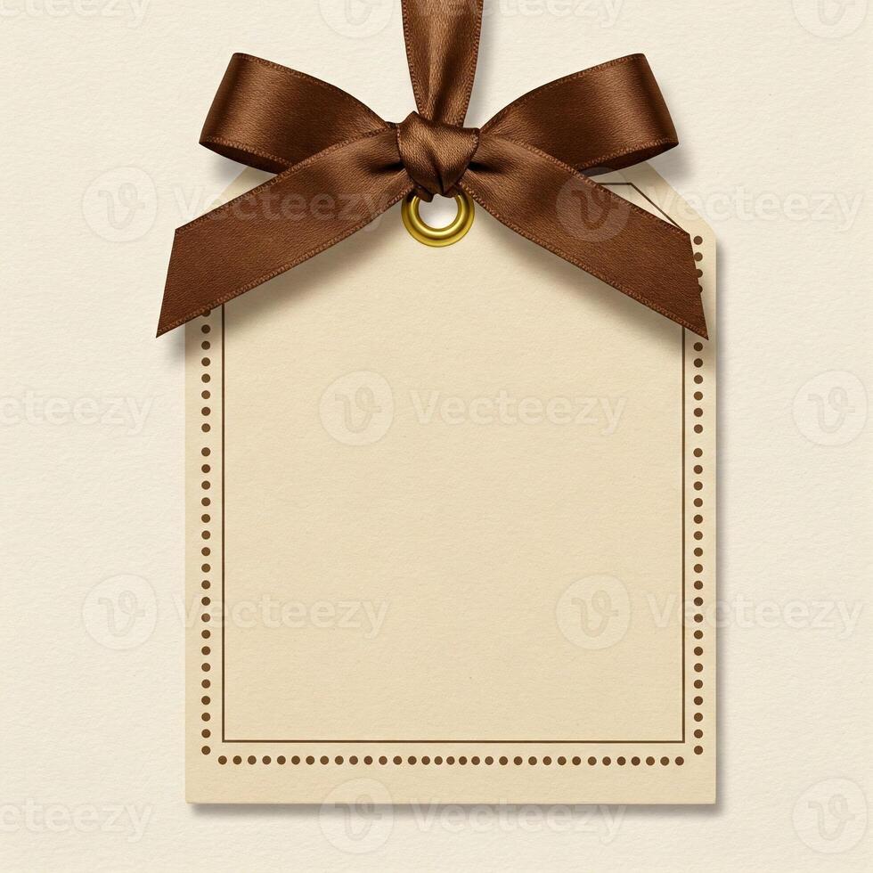 A brown ribbon and brown paper tag with a bow photo