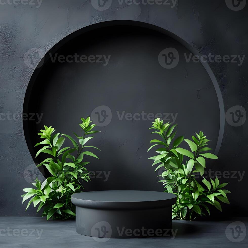 Black round pedestal with green plants on concrete wall photo