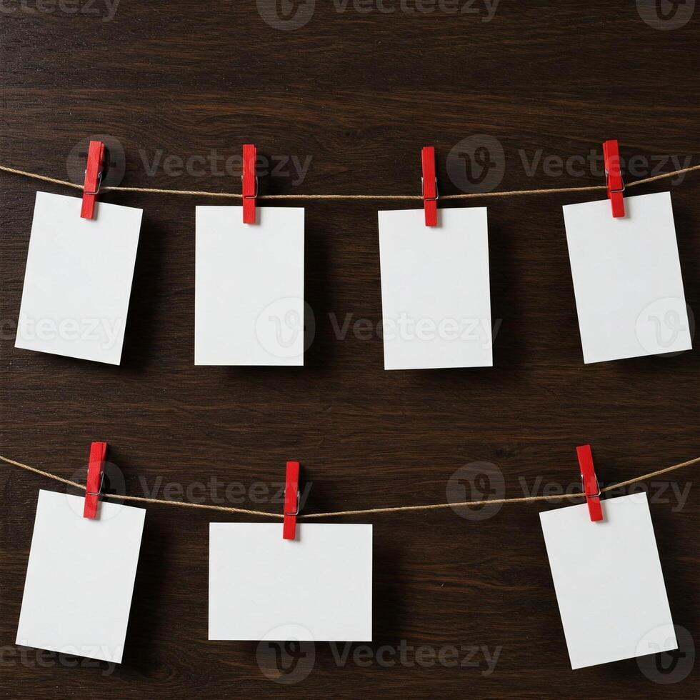 Blank white paper hanging on clothespins on a wooden background photo