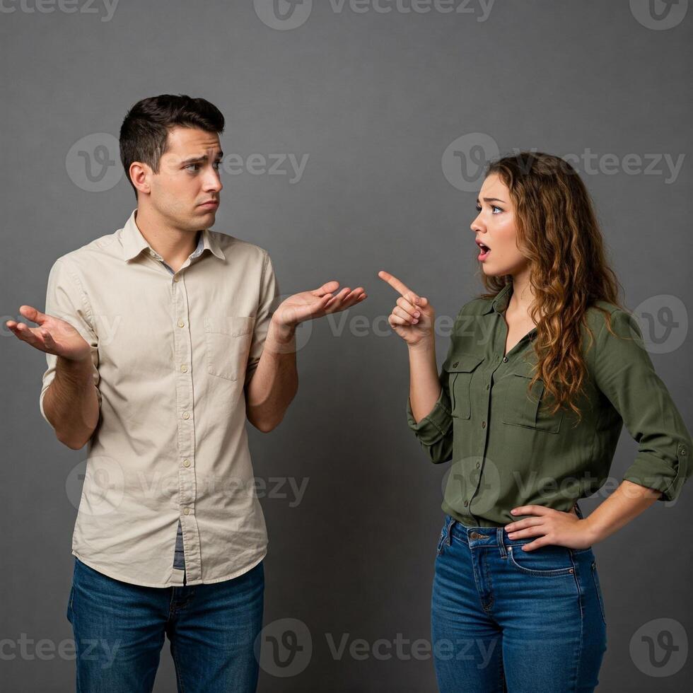 A man and woman are pointing at each other photo
