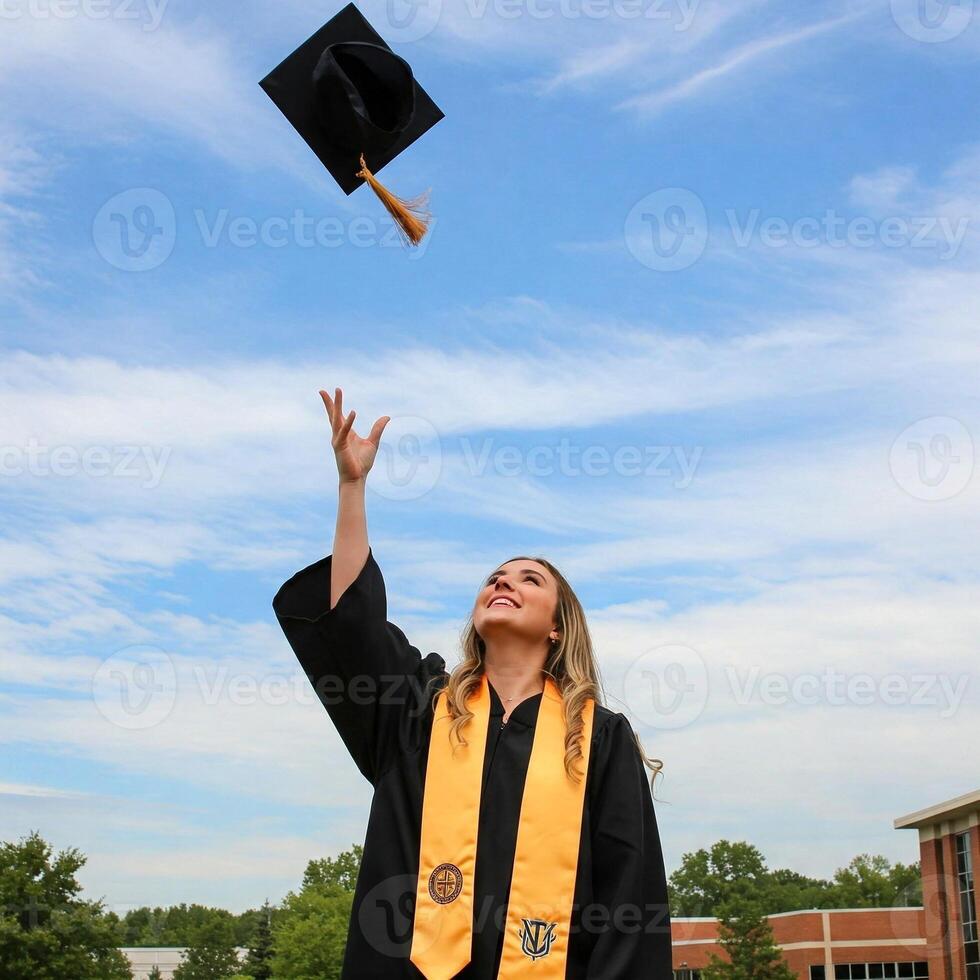 A woman in a graduation gown is throwing a hat photo