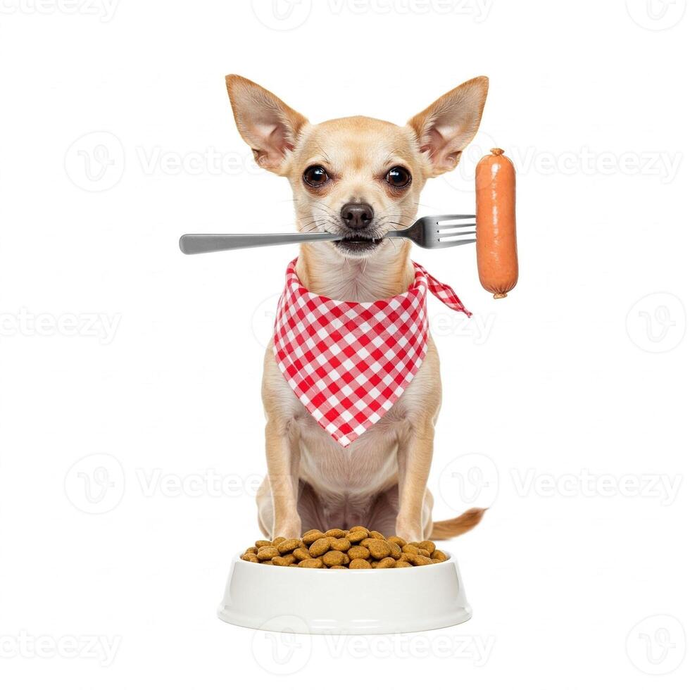 A dog with a hot dog and a sausage on a plate photo