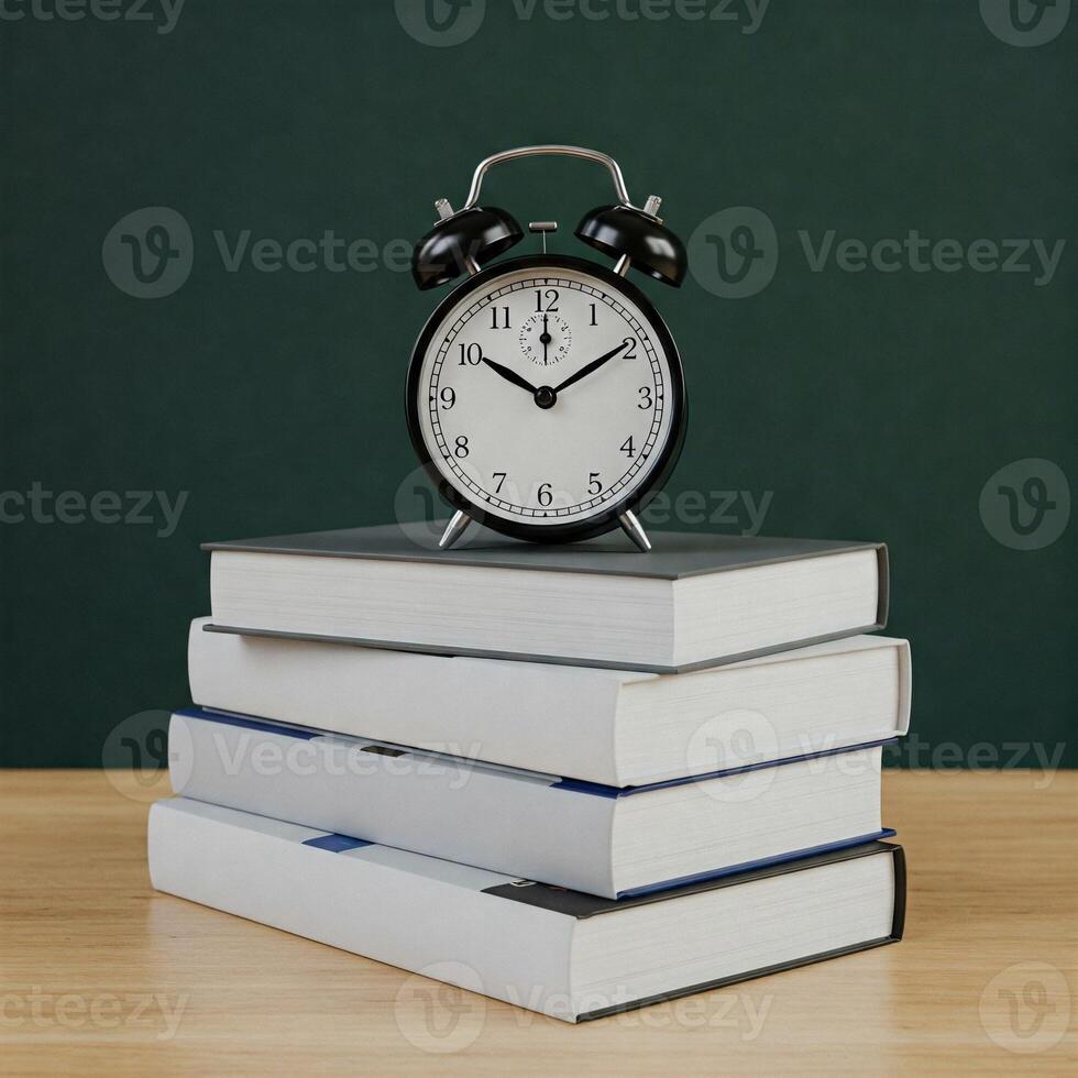 An alarm clock sits on top of a stack of books photo