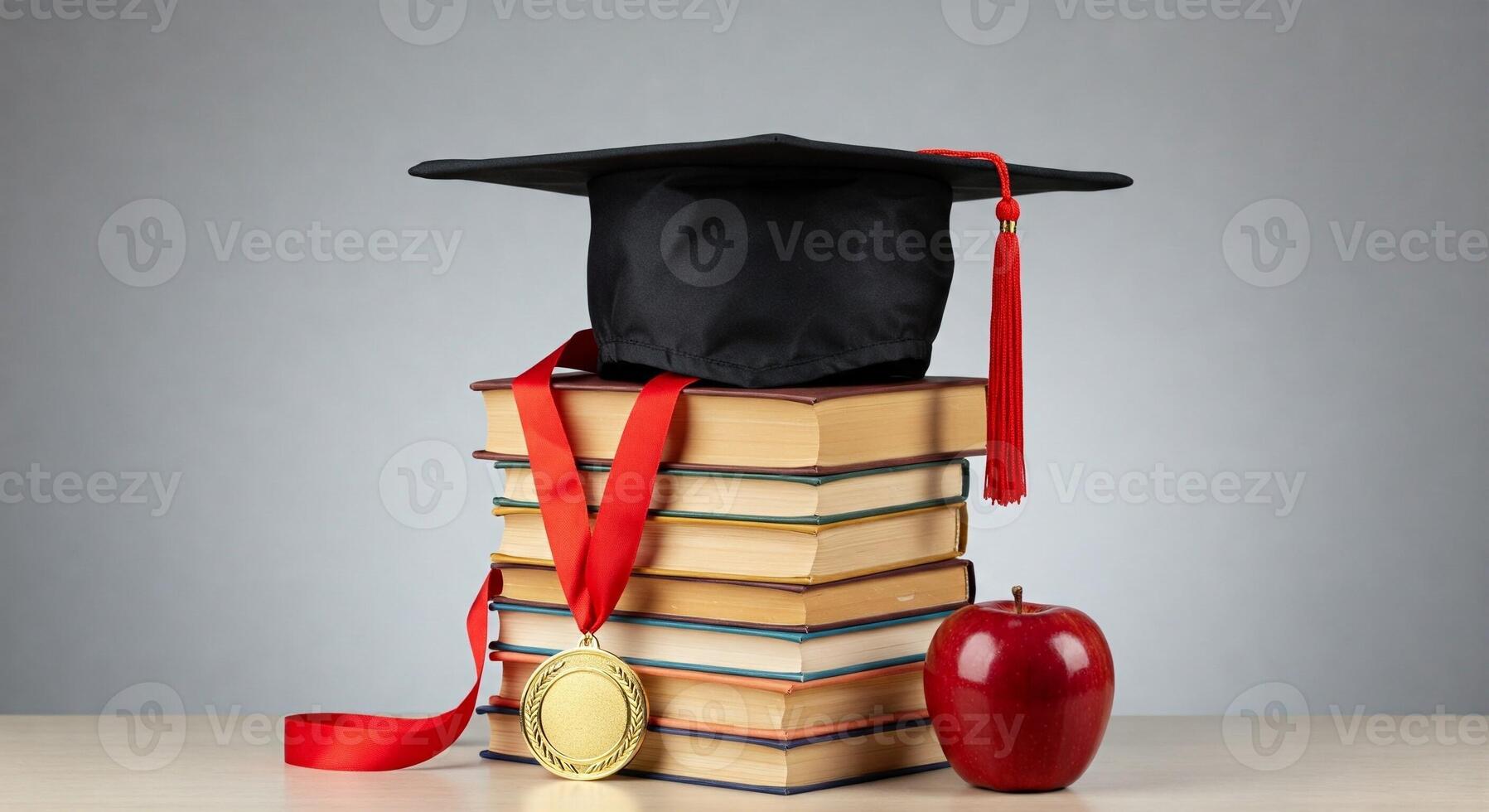 A graduation cap, a red ribbon and an apple on top of a stack of books photo