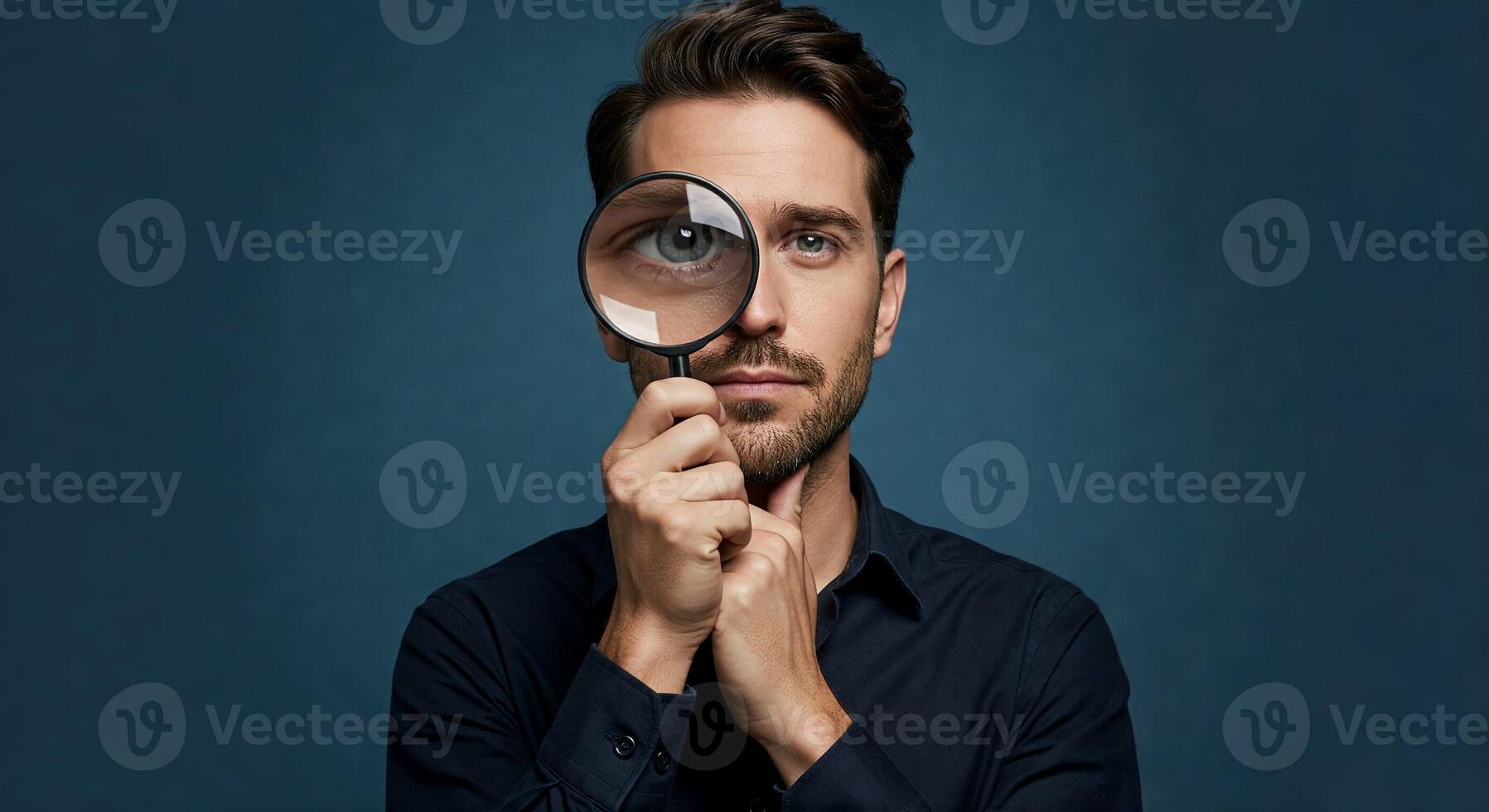 A man is looking through a magnifying glass photo