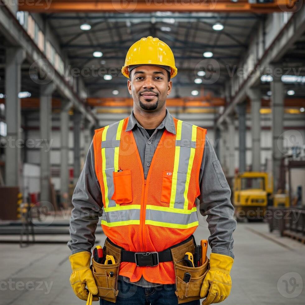 A man in an orange vest and hard hat standing in a factory photo