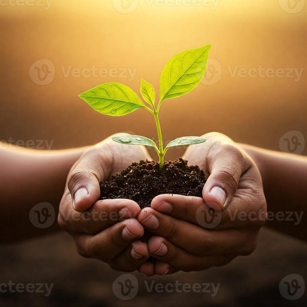 Hands holding a young plant in dirt photo