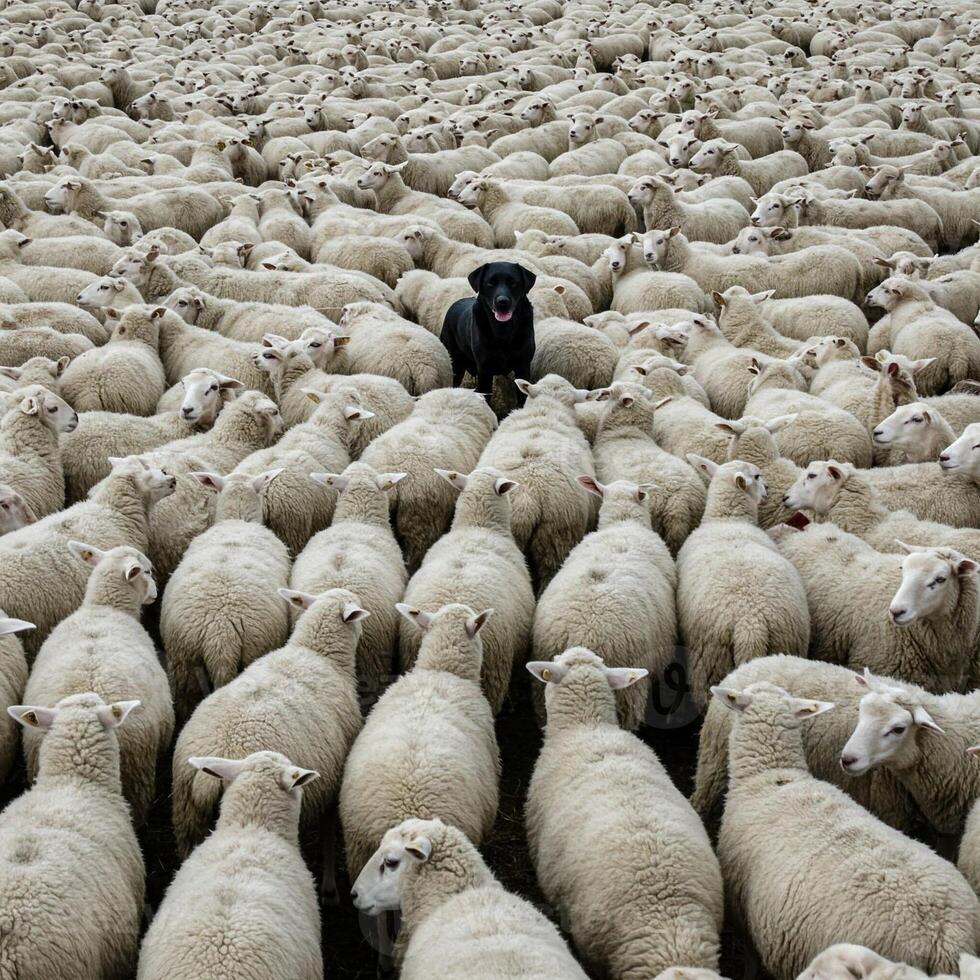 A dog is surrounded by a large group of sheep photo
