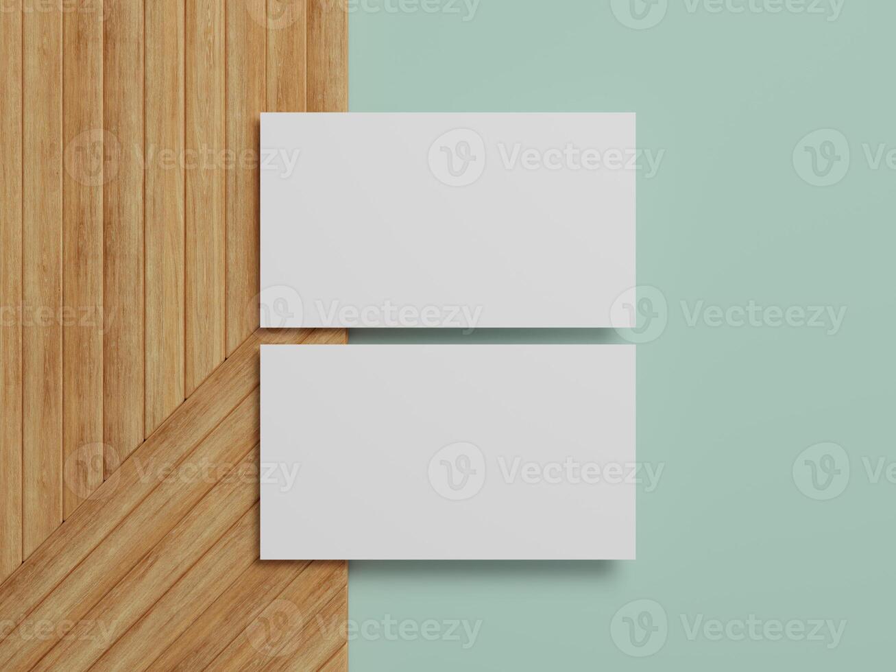 Minimalist business card mockup on wood and mint green background, perfect for showcasing your design ideas. photo