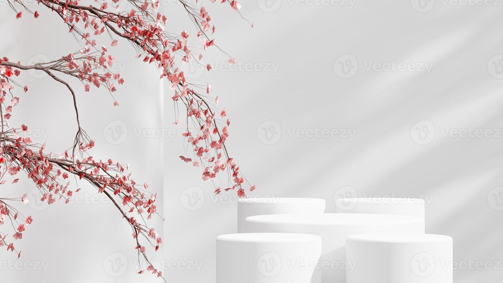 White podiums positioned near pink foliage, creating a beautiful and serene setting for exhibitions or events. photo