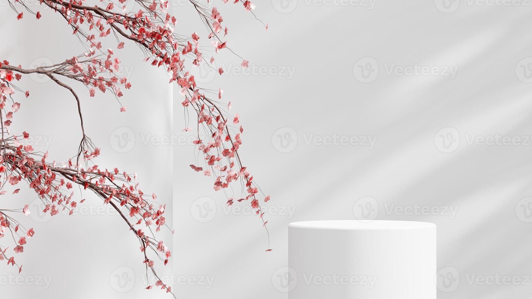 Elegant white podium with delicate pink leaves, perfect for showcasing products in a clean, minimalist setting. photo