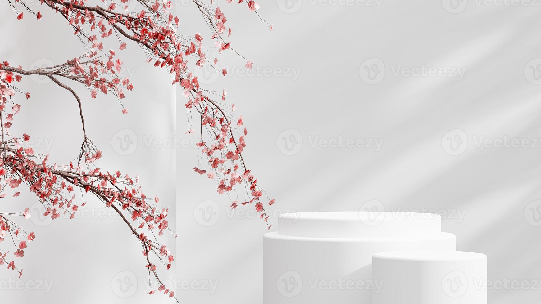 Two white circular podiums with a backdrop of pink leaves, suitable for elegant shows and product launches. photo