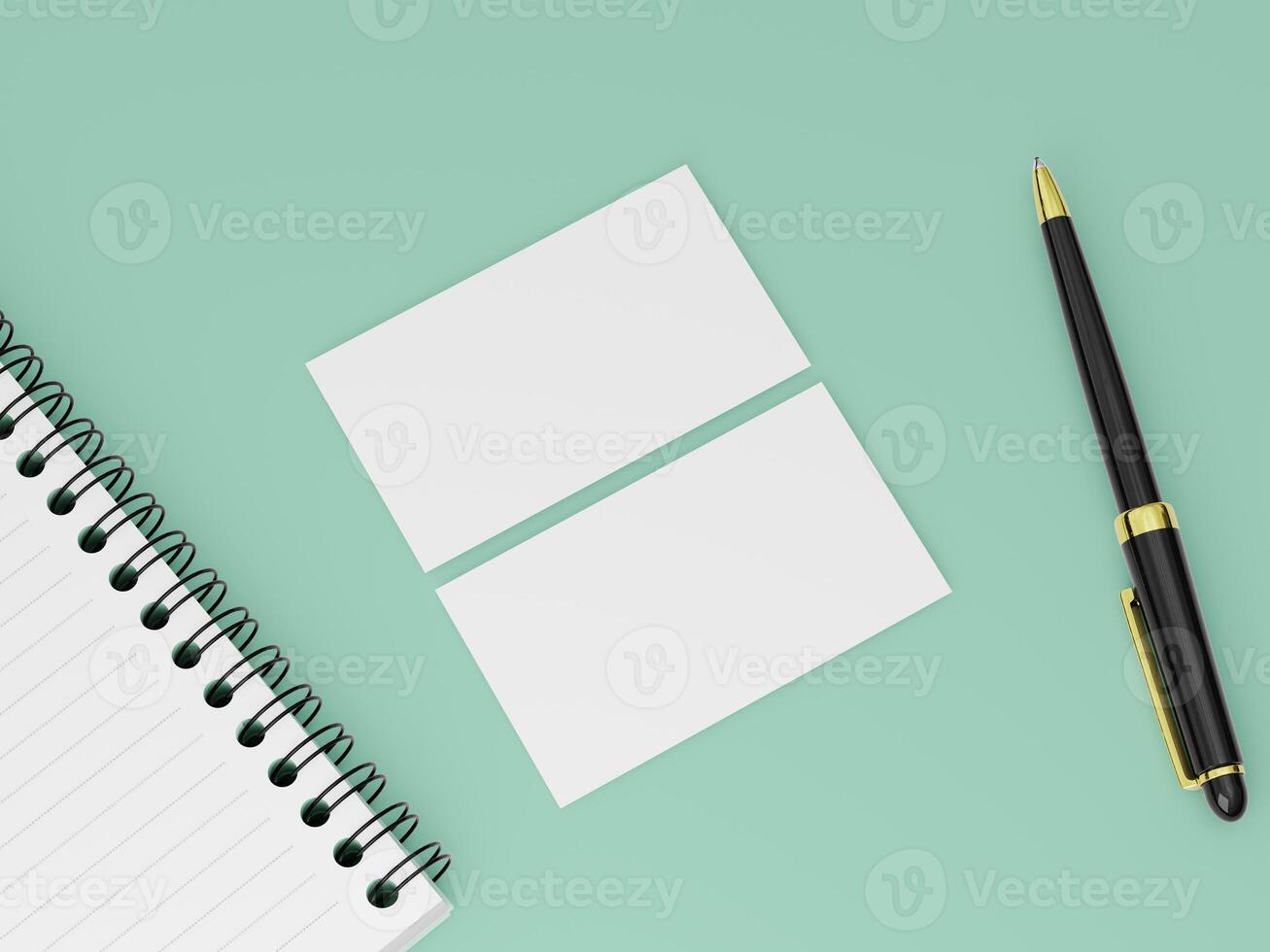 Simple and clean business card mockup showing two cards next to a black pen and a spiral notepad. photo