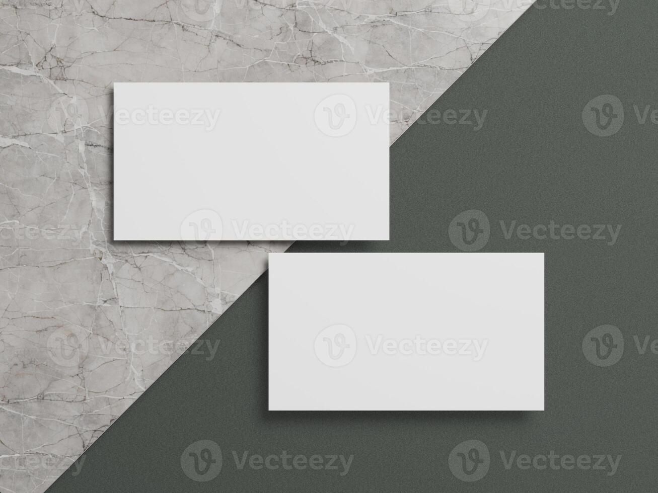 Stylish business card mockup with two white cards resting on a marble and dark green textured background. photo