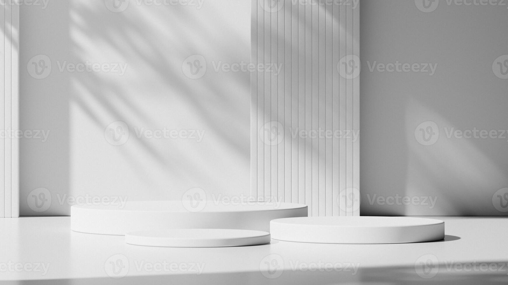 White podiums with artistic lighting and shadow patterns, ideal for elegant product displays. photo