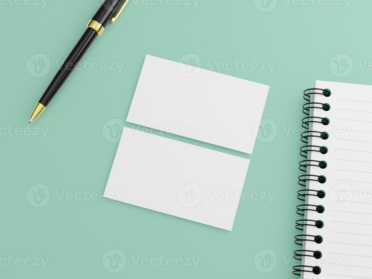 Business card mockup with a flat background, featuring two cards, a spiral notebook, and a black pen, ideal for branding presentations. photo