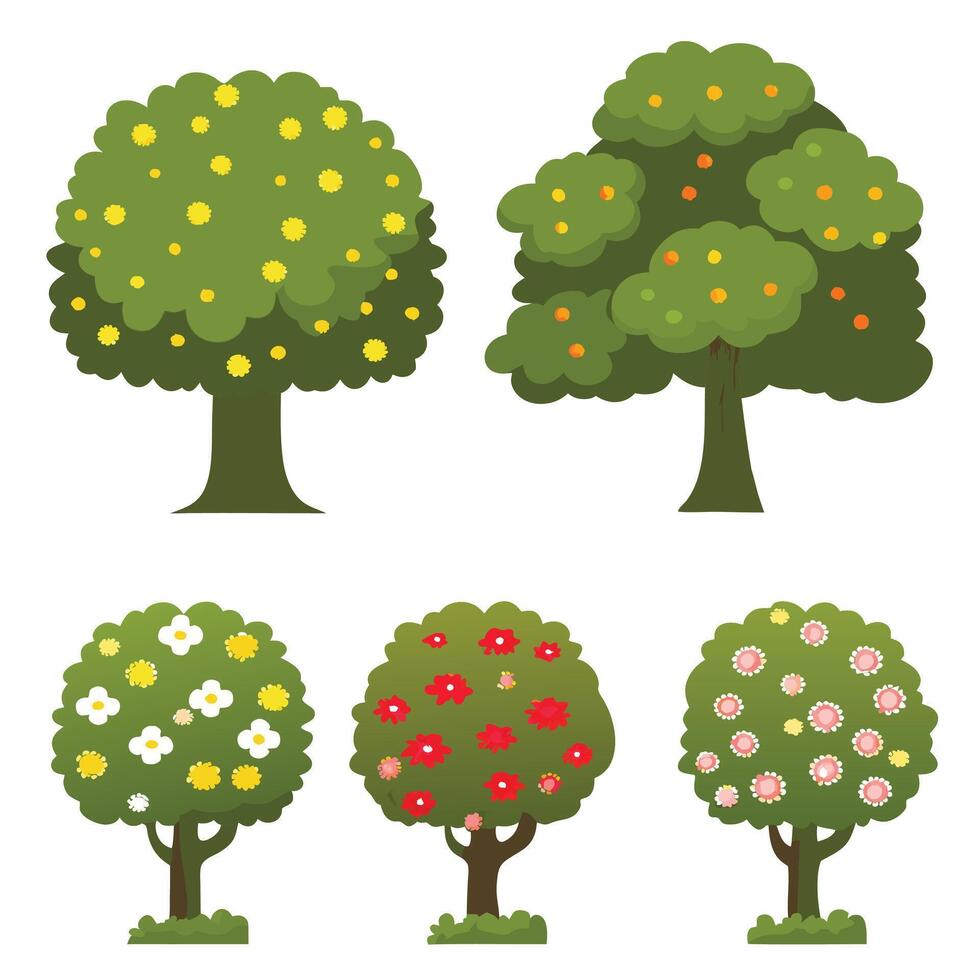 Collection of Colorful Spring Trees with Blossoms and Fruits vector