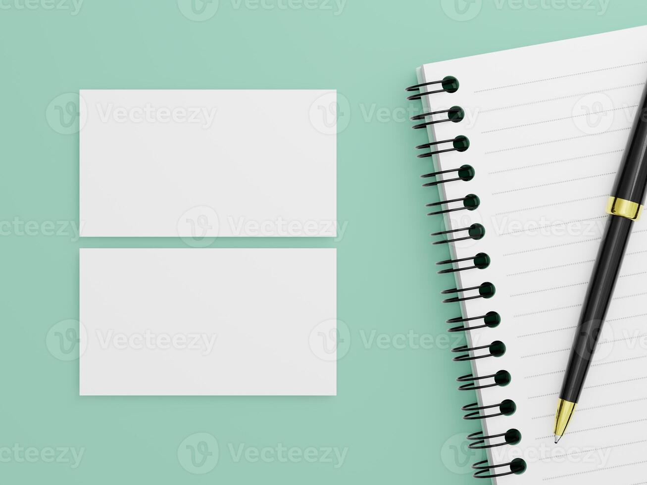 Elegant business card mockup with a pair of cards next to a spiral notepad and a black pen. photo
