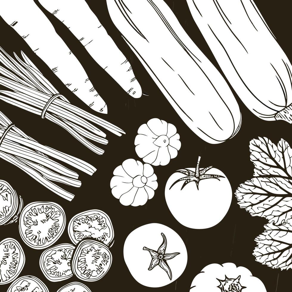 A Delicious Collection of Fresh Vegetables Drawn in Black and White vector