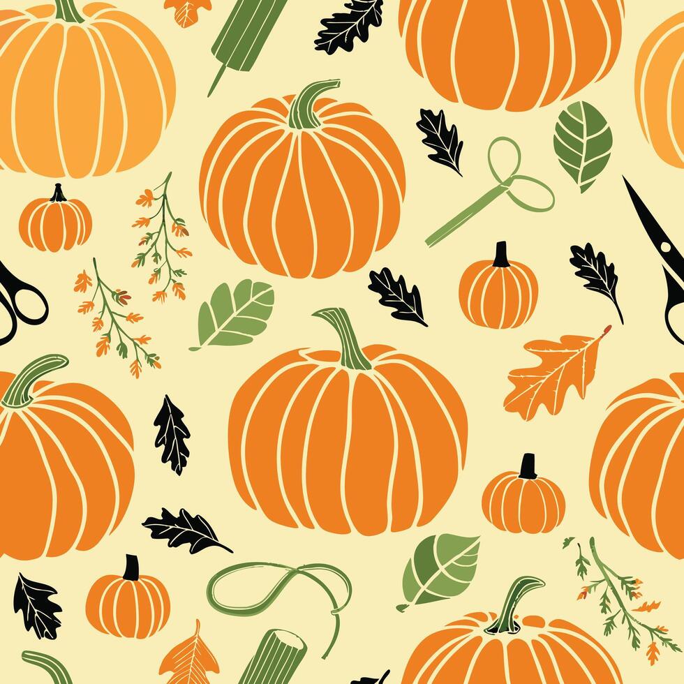 Autumn Harvest Pumpkin Patch Seamless Pattern with Fall Leaves and Gardening Tools vector