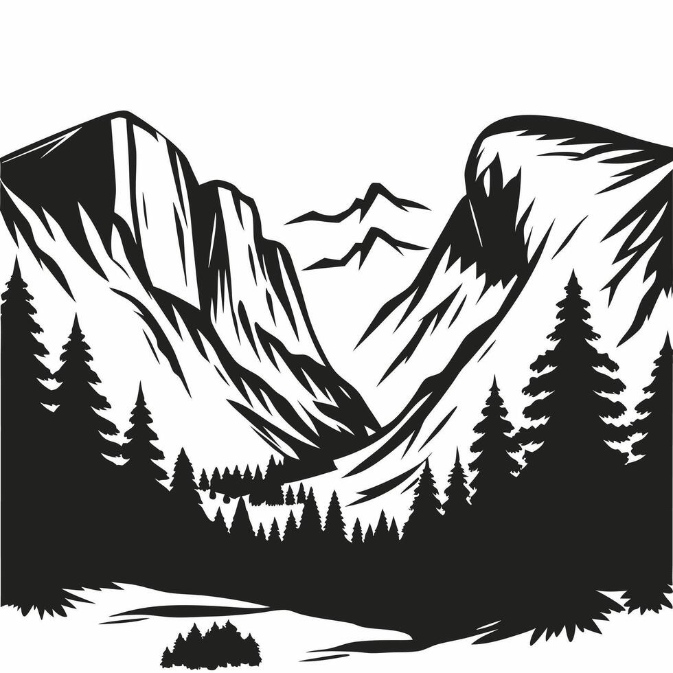 Majestic Yosemite Valley Black and White Mountain Landscape Featuring Towering Granite Cliffs and Evergreen Forests vector