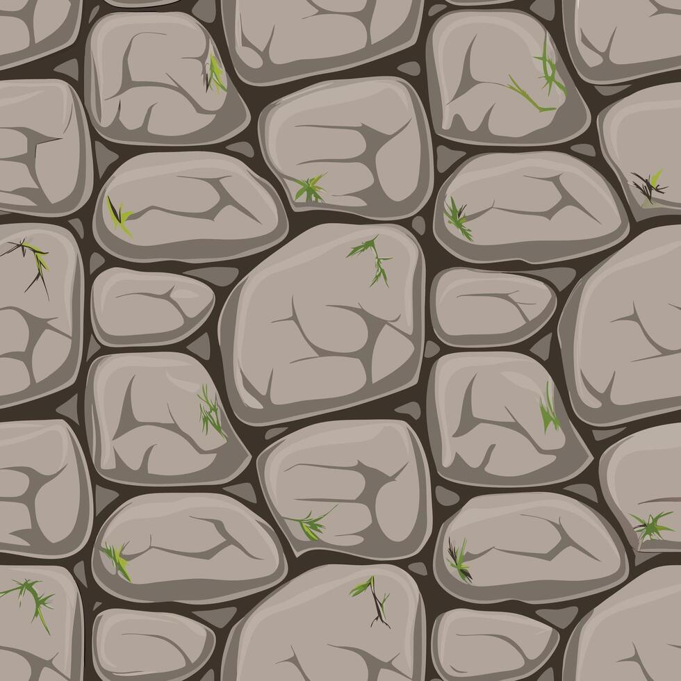 A Seamless Pattern of Gray Cobblestone Texture with Small Green Plants vector