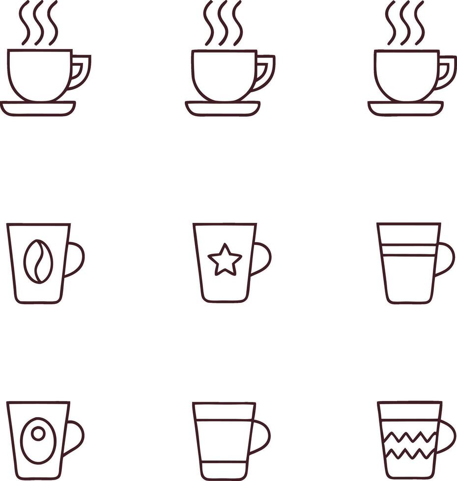 Collection of Nine Coffee Cup and Mug Icons with Different Designs and Styles vector