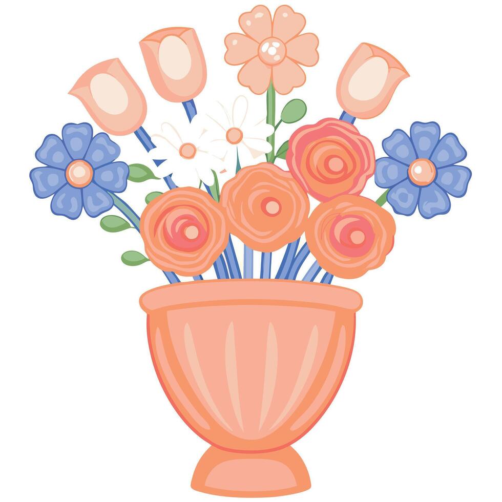 A Charming Arrangement of Peach Coral and Blue Flowers in a Terracotta Pot vector