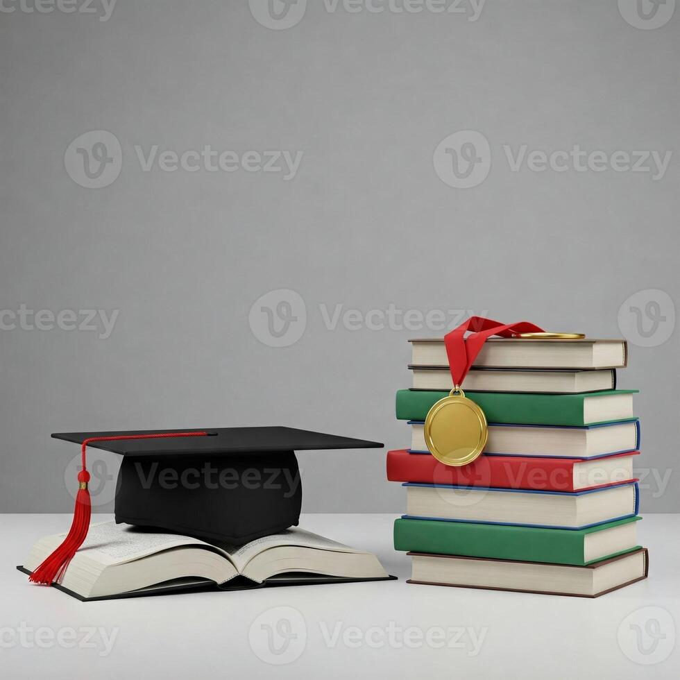 A graduation cap, books and a medal on a table photo