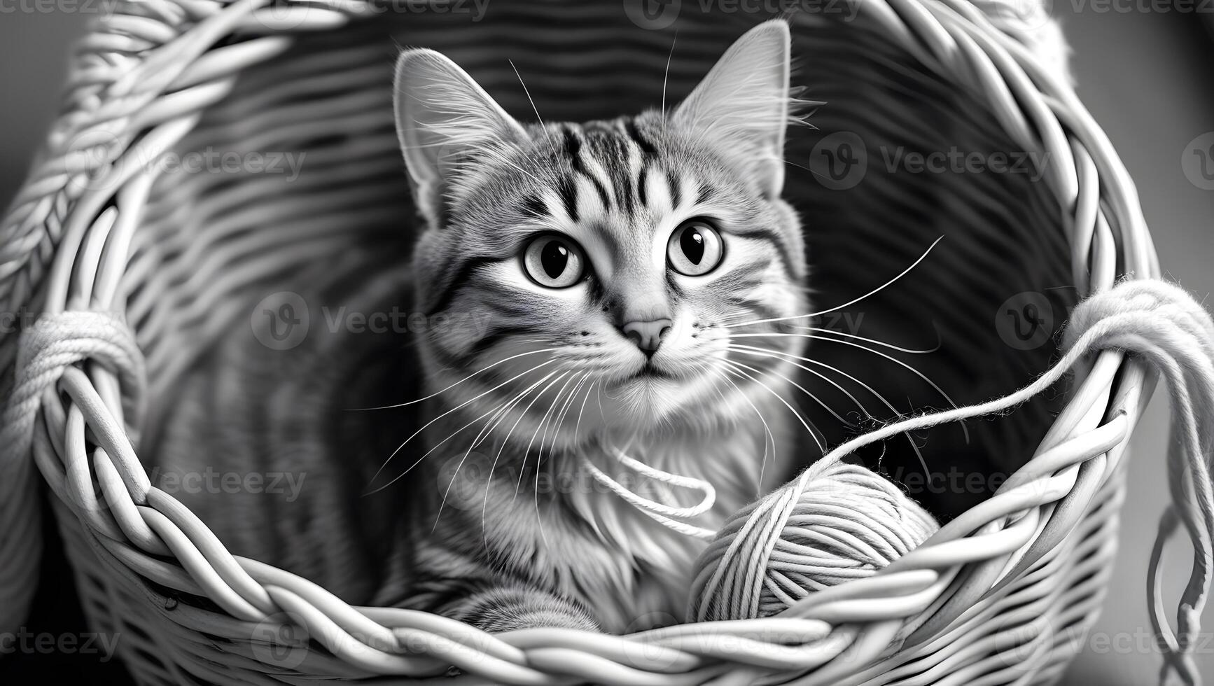 A cat is sitting in a basket with yarn photo